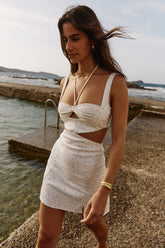 Halter Strap Quilted Cutout Floral Print Mini Dresses-White Pre Order